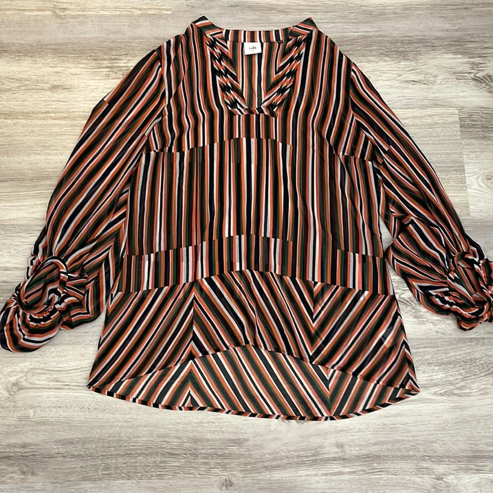 Cabi Orange, Blue, Green & White Striped Sheer V-Neck Blouse Small - Picture 5 of 13